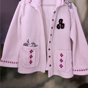 POL / Anthropologie light cream Fleece Jacket with Red and Black Embroidery